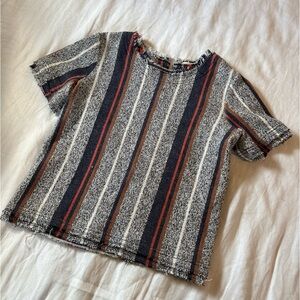 Ann Taylor Striped Tweed Frayed Hem Short Sleeve Top Medium